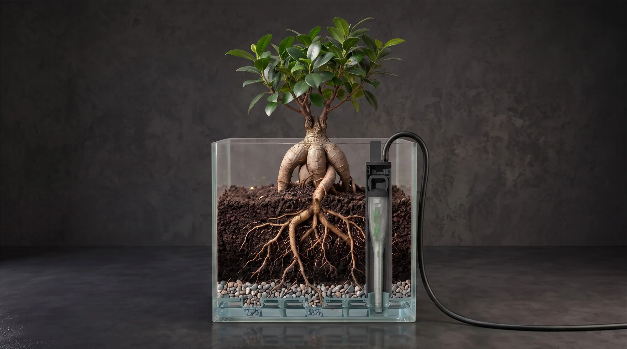 PhytoMat cross-section showing plant, soil, root system, wicking medium, and water reservoir