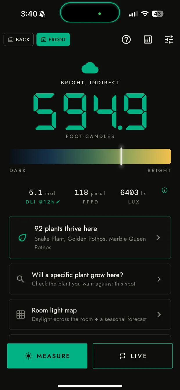 Plant Light Meter showing a live reading of 594.9 foot-candles
